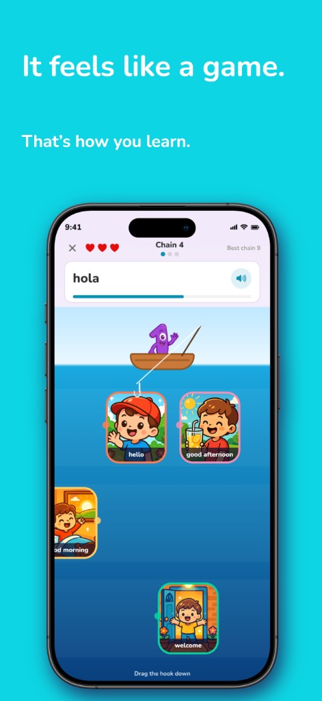 Word Fishing: drag the hook onto the matching word.