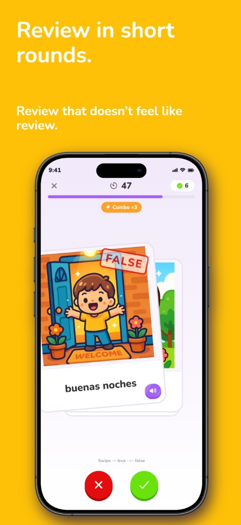 Review in short rounds — swipe true or false.